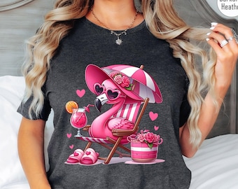 Pink Flamingo Summer Shirt, Cute Beach Flamingo Graphic Tee, Tropical Vacation Shirt for Women, Funny Relax Flamingo Drinking Shirt for Her