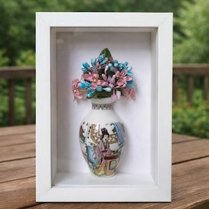 Miniature Pastel Floral Vase Shadow Box, Handmade Miniature Wall Art, Oriental Style Scene, Soft Color Decor, Unique Gift