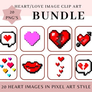 Pacchetto di 20 clipart di immagini a forma di cuore / Immagini di cuori/amore in vari stili artistici - Pacchetto PNG - Download digitale istantaneo