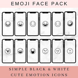 78 B&W Emoji Face Pack - Stylized Cute Face Emotion Icons In Black And White | Outlined, Stylized, Detailed - Instant Digital Download