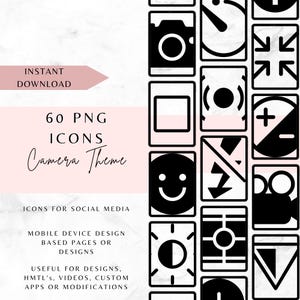 カメラ/写真をテーマにしたアイコン60個 - 黒 | PNG - ソーシャルメディア、UI、インターフェース、デザイン、技術カスタマイズ - インスタントデジタルダウンロード