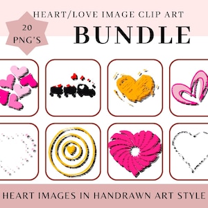 Pacchetto di 20 clipart di immagini a forma di cuore / Immagini di cuori/amore in vari stili artistici - Pacchetto PNG - Download digitale istantaneo