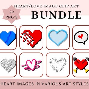 Pacote com 20 imagens de clipart de coração | Imagens de coração/amor em vários estilos de arte - Pacote PNG - Download digital instantâneo