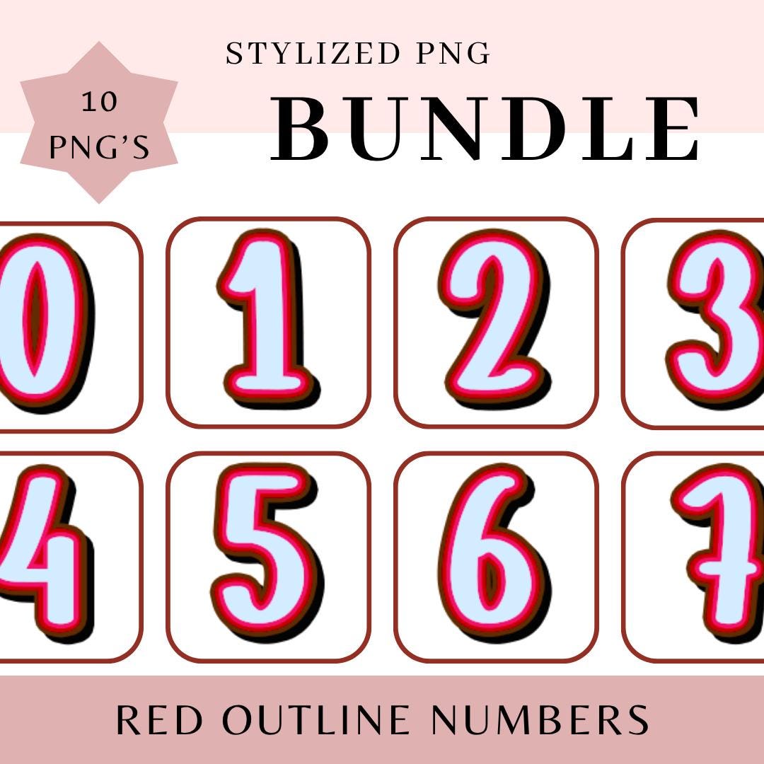 Red Outline Digit Clip Art: Modern PNG Bundle (digital Download - Etsy
