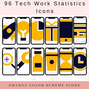 96個の技術、仕事、統計アイコン - 黄黒のカラースキーム | PNG - ビジネス、ソーシャルメディア、デザイン、インターフェース、マーケティング