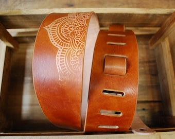 Leather guitar strap, leather guitar strap handcrafted Mandala