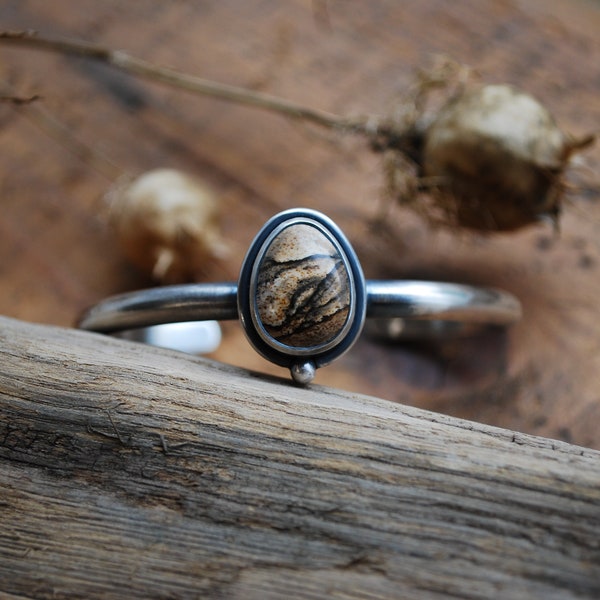 Bracelet jonc en argent massif et son cabochon de jaspe paysage, landscape jasper sterling silver