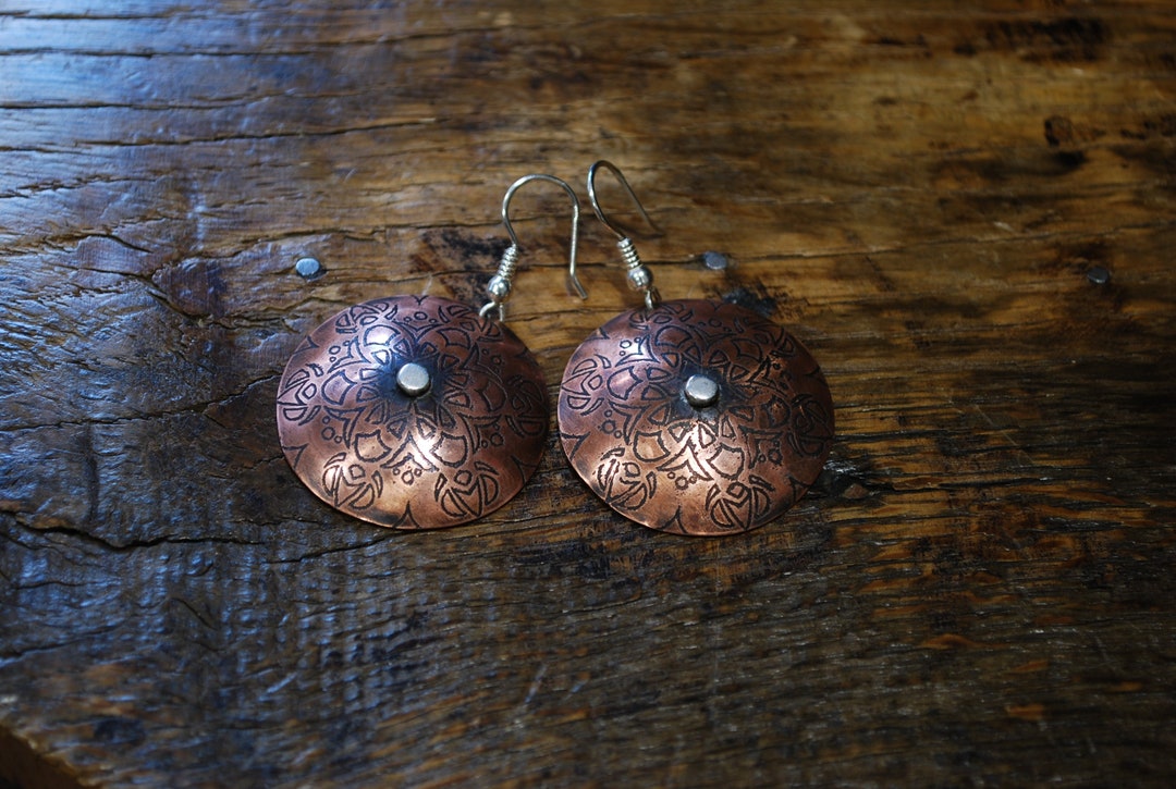 Gong Earrings in Engraved Copper and Silver 925 Etsy