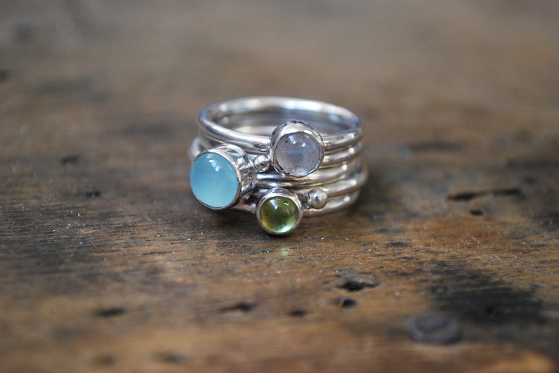 5 stacking rings sterling silver moonstone, peridot, calcedony cabochon image 5