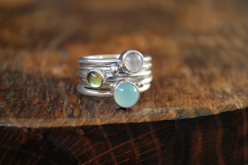 5 stacking rings sterling silver moonstone, peridot, calcedony cabochon image 1