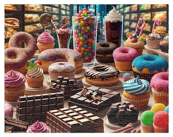 May include: A colorful assortment of sweets, including donuts, cupcakes, and chocolate bars. A tall glass of colorful candies and a chocolate milkshake are also present. A variety of lollipops and other treats are arranged on a wooden surface.