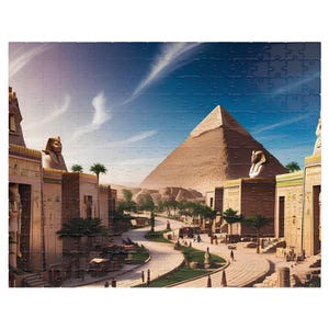 May include: A colorful jigsaw puzzle depicting a scene from ancient Egypt. The puzzle shows a large pyramid in the distance, with a street lined with buildings and statues leading up to it. The sky is blue with white clouds.