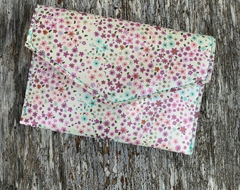 Delicate Floral Handmade Leather Clutch with pretty Pink and Teal interior