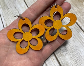 Botanical EARRINGS, Leather 70s Earrings, BUTTERCUP YELLOW Retro Leather, Retro Silver Earrings For Birthday Gift