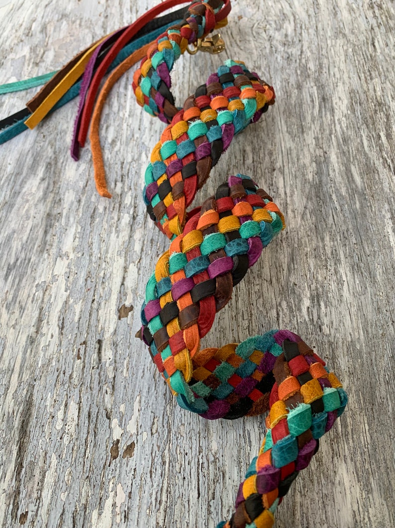 Electric Rainbow Handmade 8 Strand Flat Braided Leather Purse strap image 2