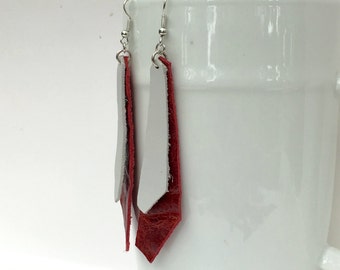 Spicy Red and White Leather Boho Dangle Earrings