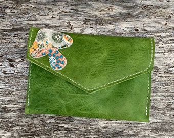 Celery Green Leather Clutch with Fun Boho interior and lil Appliquéd Boho Mushie