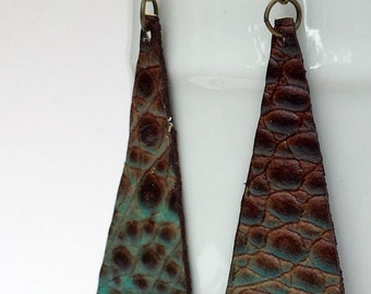 Boho chic copper brown and turquoise leather earrings