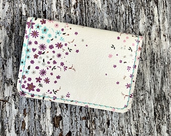 Handmade Leather Delicate Flowers 2 pocket Card Wallet with Flower interior