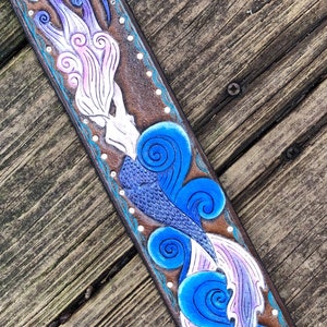 Mermaid & Dolphin Hand Carved and Tooled Leather Crossbody Strap: Ombre Painted Mermaid