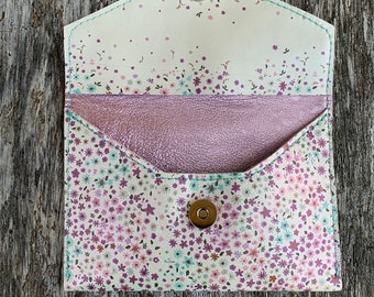 Delicate Floral Handmade Leather Clutch with pretty Metallic Pink interior