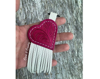 Fuchsia Hearts and Fringe leather keychain