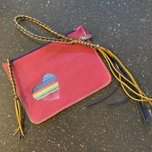 Pink Pride Clutch, Guatemalan Fabric Clutch, Rainbow Fabric Bag, Pink Leather Clutch, Rainbow Heart Bag, Pink Leather Wristlet with Heart