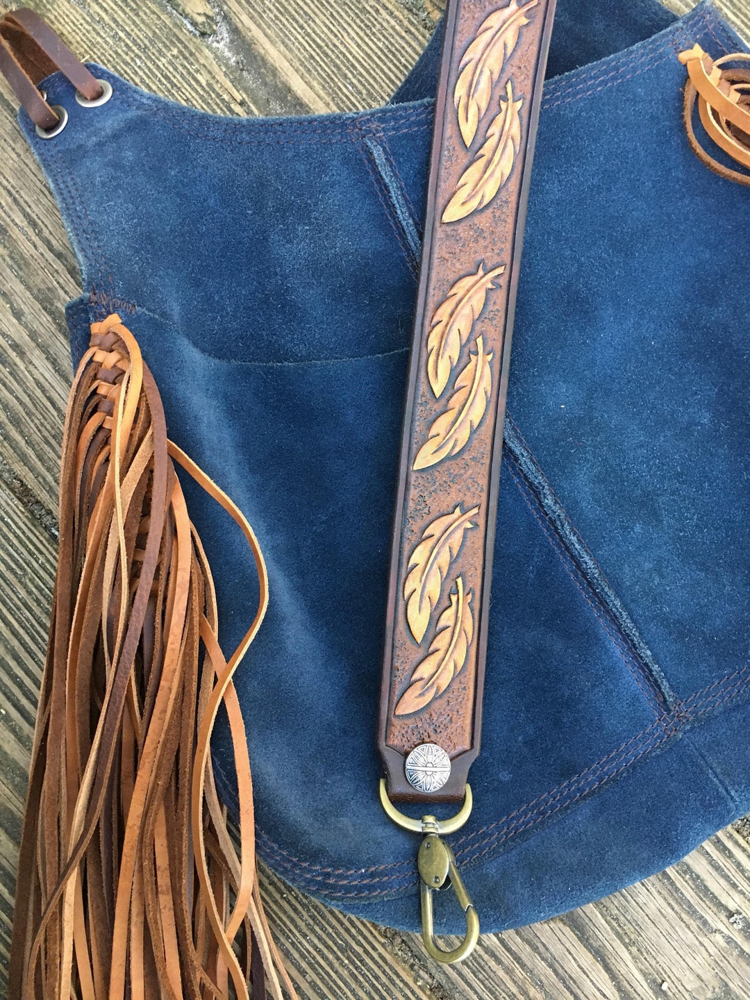 Hand Tooled Falling Feather Leather Bag Strap Etsy