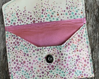 Delicate Floral Handmade Leather Clutch with pretty Pink interior