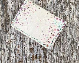 Handmade Leather Delicate Flowers 2 pocket Card Wallet with pink interior