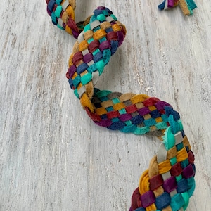 Jewel Toned Rainbow Handmade 8 Strand Flat Braided Leather Purse strap, Handcrafted Bag Strap, Colorful Handwoven Strap