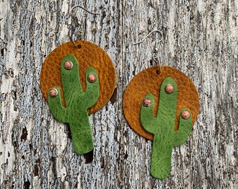 Cactus and Sun Leather Earrings