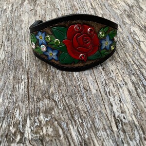 Rose and Forget me Not tooled leather cuff