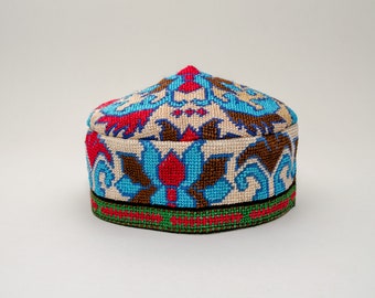 Blue red Uzbek traditional Kufi head wear hat Doppi handmade embroidery best gift for men women from Central Asian also known as Tubiteyka