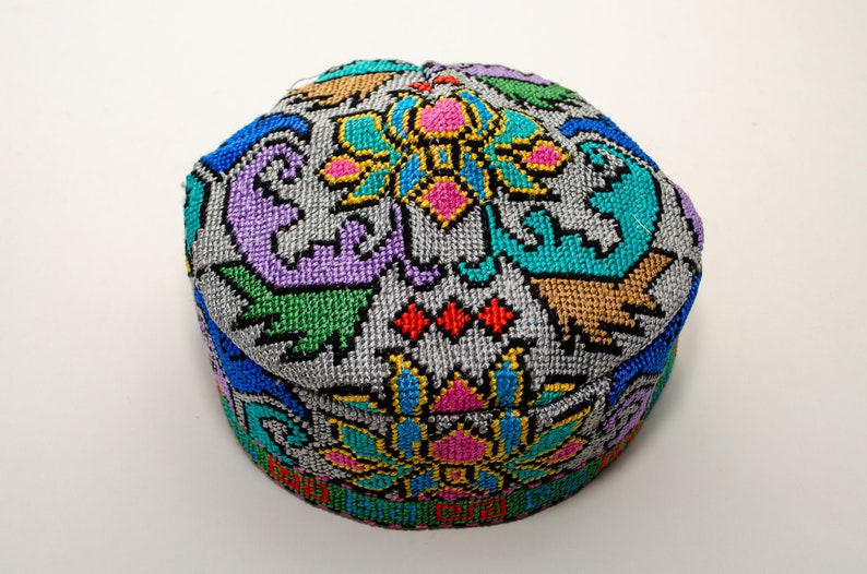 Gray pink Uzbekistan Kufi hat Doppi handmade embroidery best gift for men women from Central Asian also known as Tubiteyka Silk Road image 3