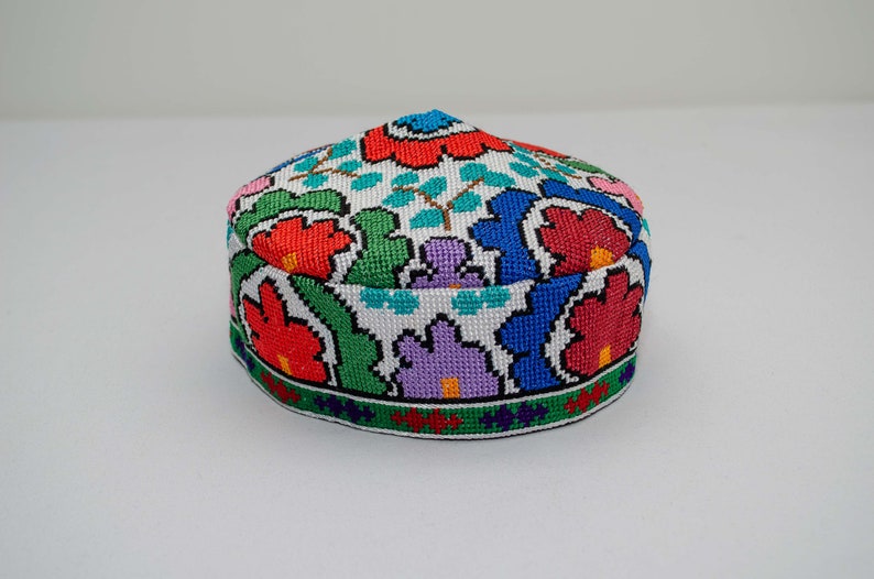 Traditional Uzbek hat Cap Doppi best quality and top gift from Central Asia Bukhara Samarkand Oriental Silk Ornament Boho style vivid bright #2 - 23.2 inches