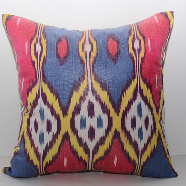 15x15, red blue yellow pillow cover, ikat pillow cushion