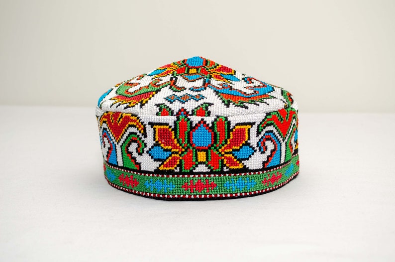 Traditional Uzbek hat Cap Doppi best quality and top gift from Central Asia Bukhara Samarkand Oriental Silk Ornament Boho style vivid bright #9 - 23.2 inches