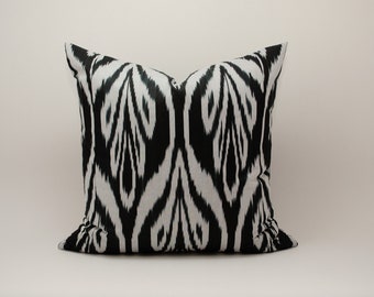 Black white Ikat Pillow Cover Cushion Handmade Decorative ikat pillow Central Asian Uzbek handmade textile in the USA Oriental Home best top