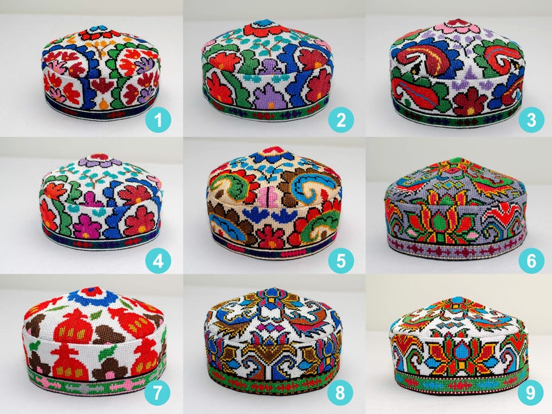 Traditional Uzbek hat Cap Doppi best quality and top gift from Central Asia Bukhara Samarkand Oriental Silk Ornament Boho style vivid bright image 1