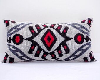 Red Gray ikat silk velvet pillow cover cushion case from Uzbekistan handmade organic natural silk cushion luxury pillow Central Asian Silk