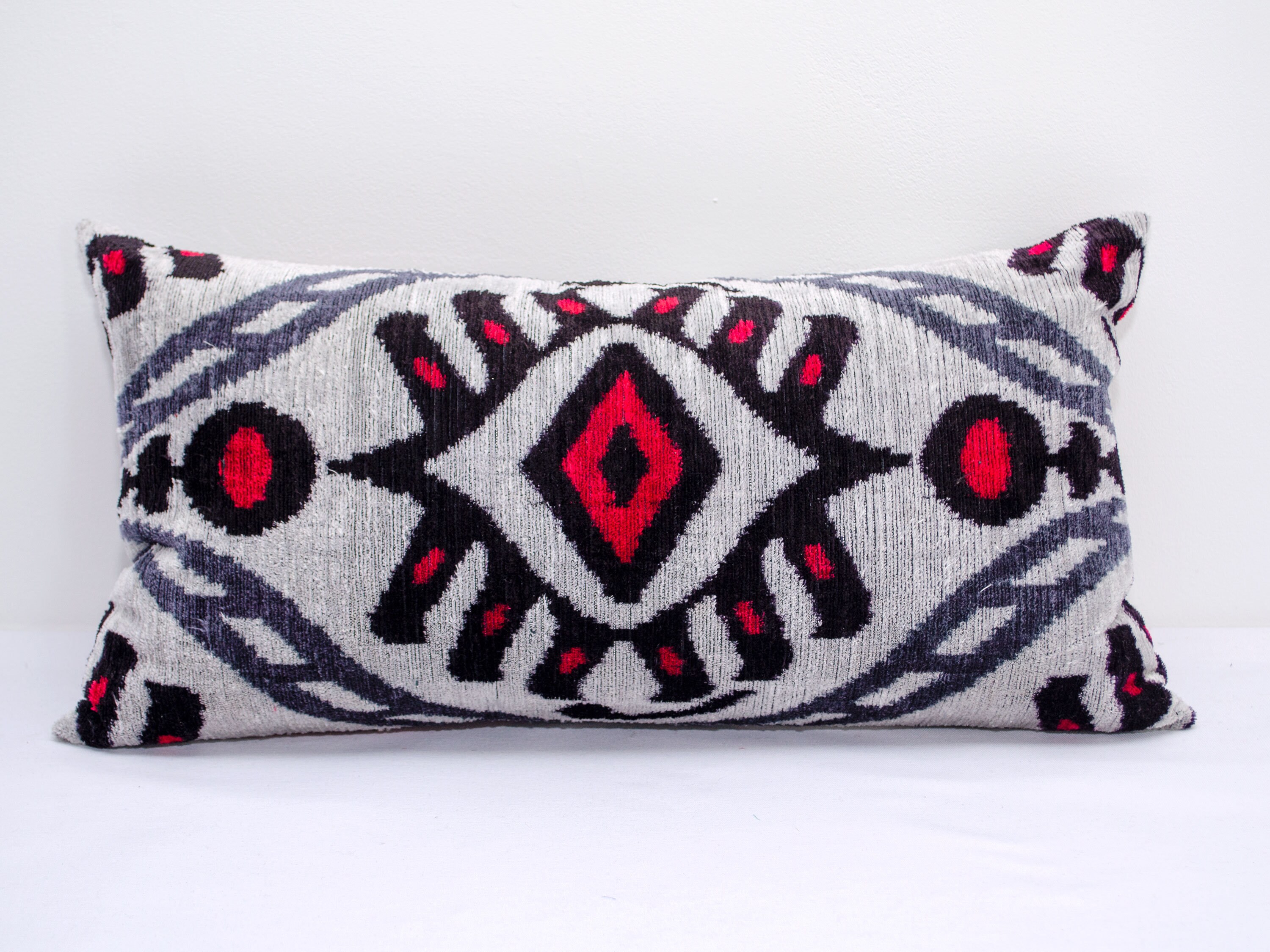 Red Gray ikat silk velvet pillow cover cushion case from Uzbekistan handmade organic natural silk cushion luxury pillow Central Asian Silk