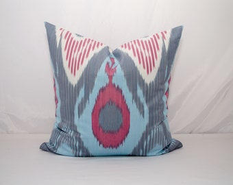 Red Blue Ikat pillow cover decorative cotton interior cushion Central Asian traditional Ikat adras Abr fabric throw pillow sofa couch