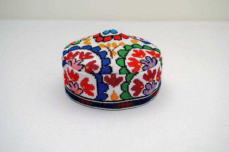 Traditional Uzbek hat Cap Doppi best quality and top gift from Central Asia Bukhara Samarkand Oriental Silk Ornament Boho style vivid bright #1 - 23.2 inches