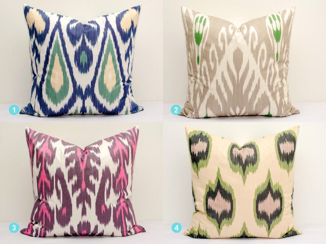 Uzbekistan Ikat Pillow Cover Cushion Pink Blue Green Handmade