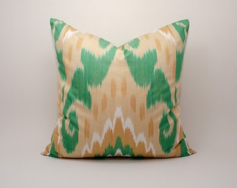 Green Ikat Pillow Cover Cushion Handmade Decorative ikat pillow Central Asian Uzbek handmade textile in the USA Bright Oriental Home best