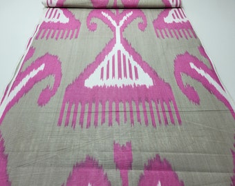 Pink Uzbek cotton ikat fabric by the yard handmade woven pink gray make lampshade upholstery curtains best top Asian Oriental amulet style