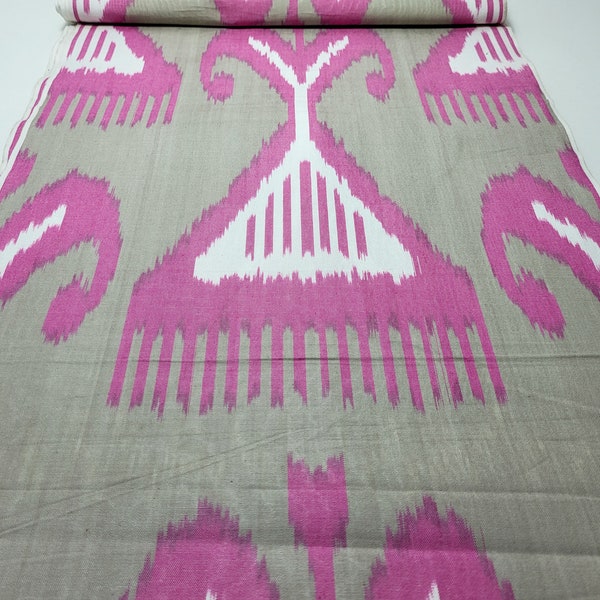 Pink Uzbek cotton ikat fabric by the yard handmade woven pink gray make lampshade upholstery curtains best top Asian Oriental amulet style