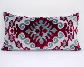 Oriental Red Silk ikat velvet pillow cover Luxury handwoven Throw velvet pillow cushion Uzbek ikat pillow velvet pillow home interior design