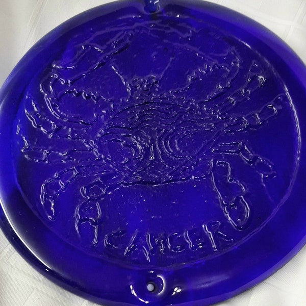 Vintage 8" Disk Blenko Cobalt Glass Zodiac Cancer Birthday Suncatcher